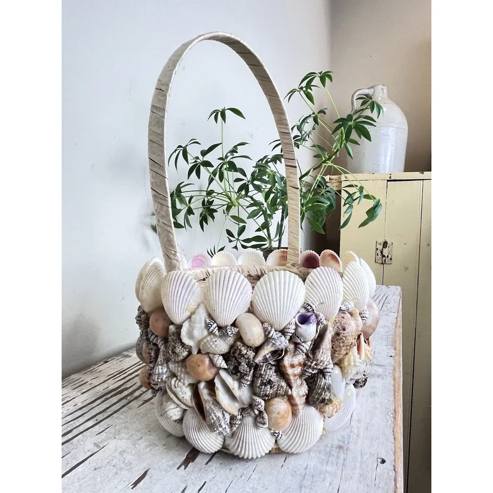 Vintage Nautical Coastal Shell Encrusted Decorative Handled Basket / Beach Home